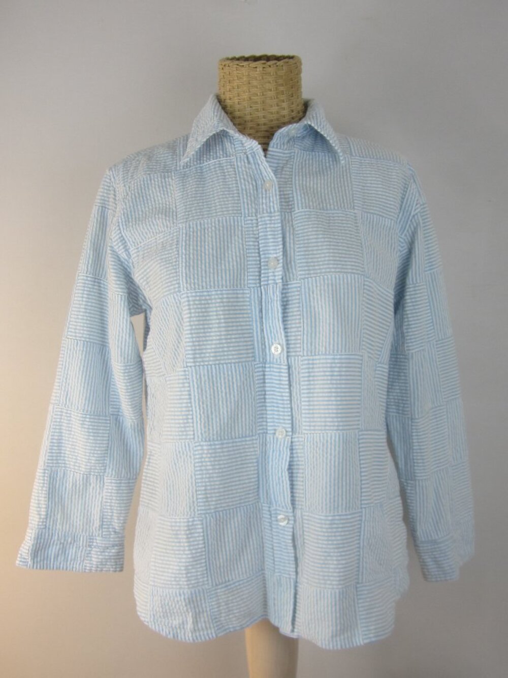Cape Madras Women M Katie Shirt Blue White Seersucker Patchwork Preppy Nautical